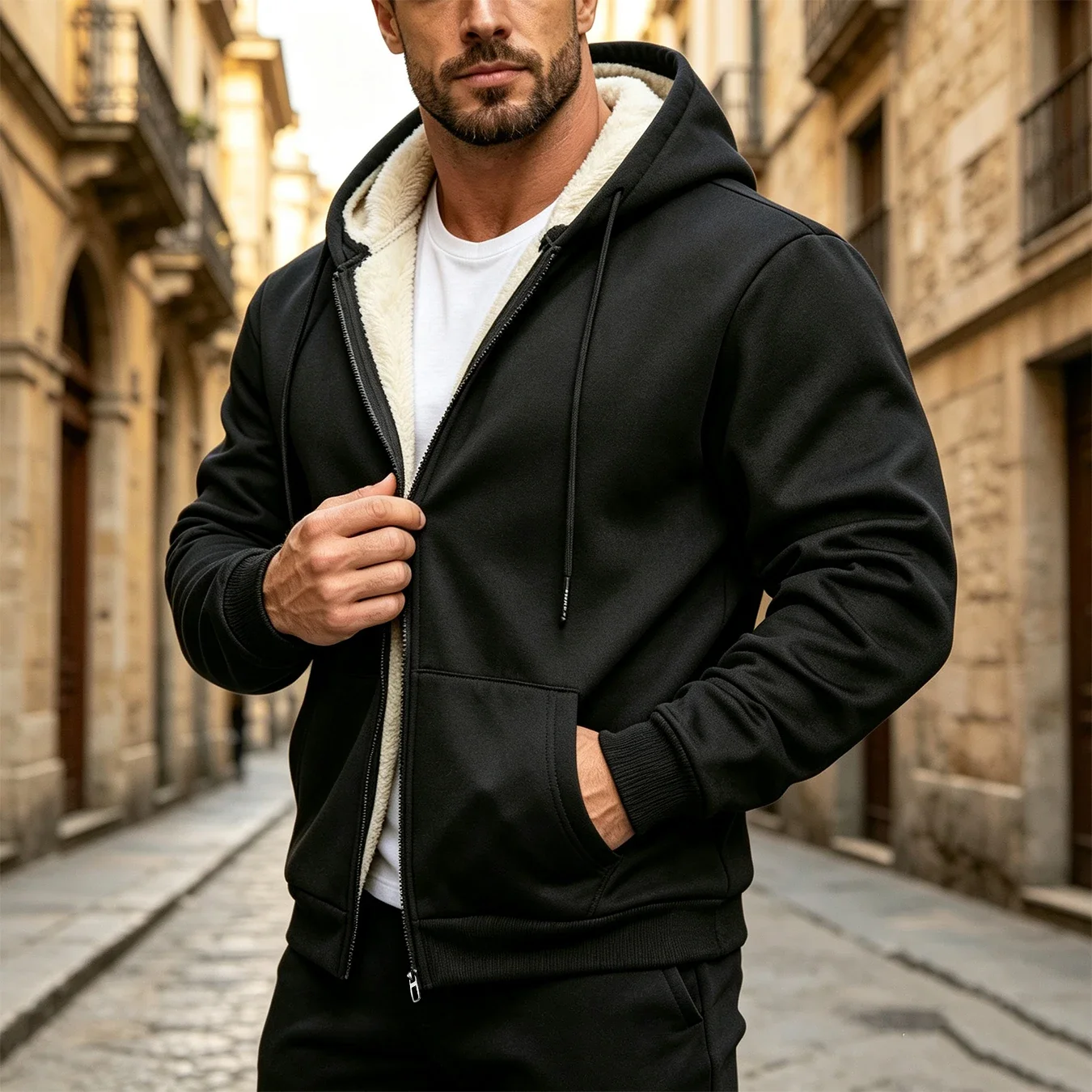 Sherpa Hoodie Fleece - Herren-Sherpa-Fleece-Hoodie-Jacke mit durchgehendem Reißverschluss, Wintermantel, dick,