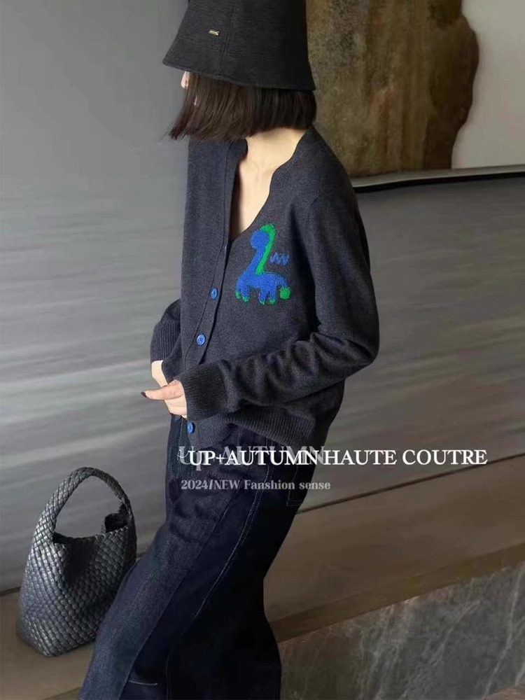 Wool Coat Peacoat - Europäische Station V-Ausschnitt 100 % Kaschmir-Jacquard-Strickjacke